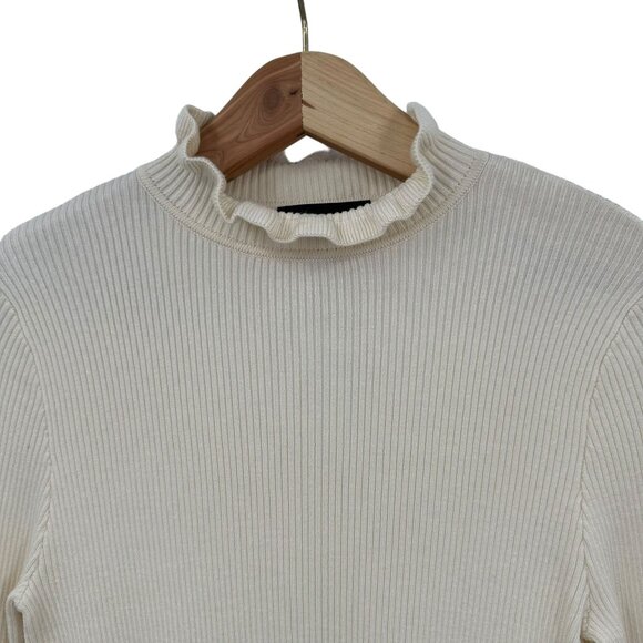 Express Cream Ribbed Knit Long Sleeve Ruffle Mock Neck Top Sweater Ruffle Size M - Picture 2 of 7